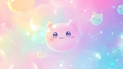 Floating pastel cat-like orbs on soft gradient background.
