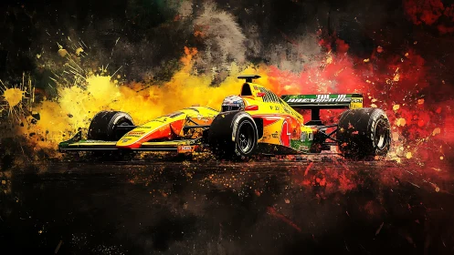 Yellow Formula race car charging through vivid paint burst.