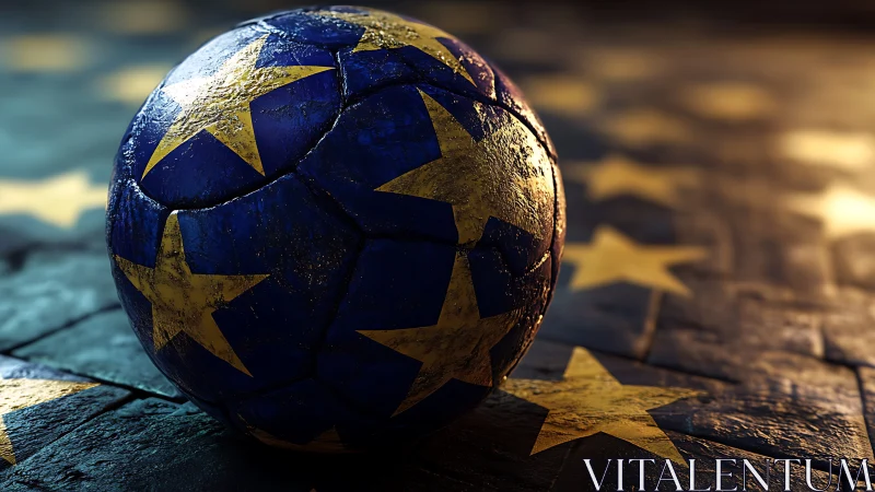 Star-scarred European football glows on twilight cobblestones