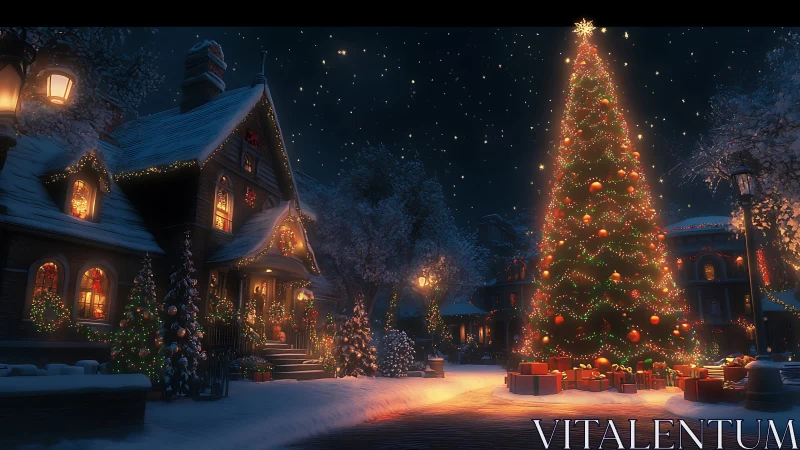 Starlit village gathers around a towering storybook tree