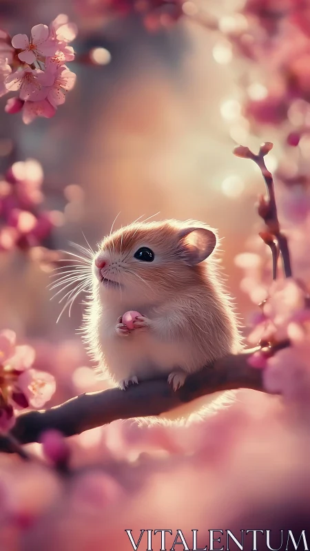 Gentle spring mouse gazes among dreamy pink blossoms