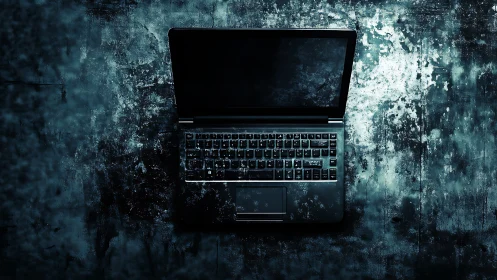 Top-down laptop on gritty teal concrete with moody lighting.
