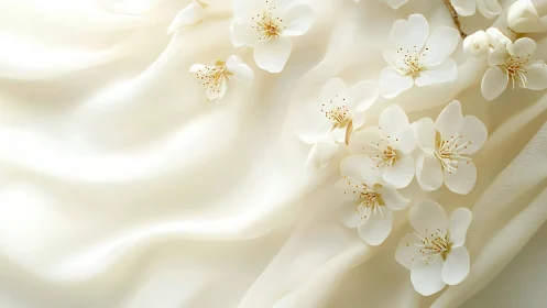 White blossom elements are arranged on softly draped fabric