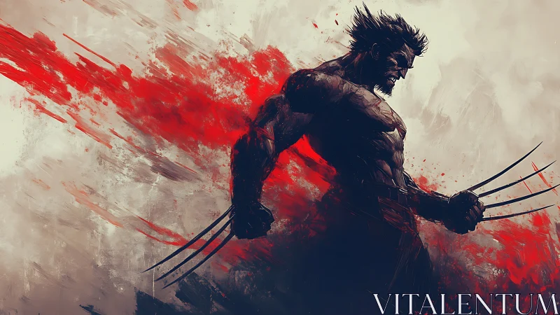 Silhouetted clawed warrior strides through red kinetic strokes