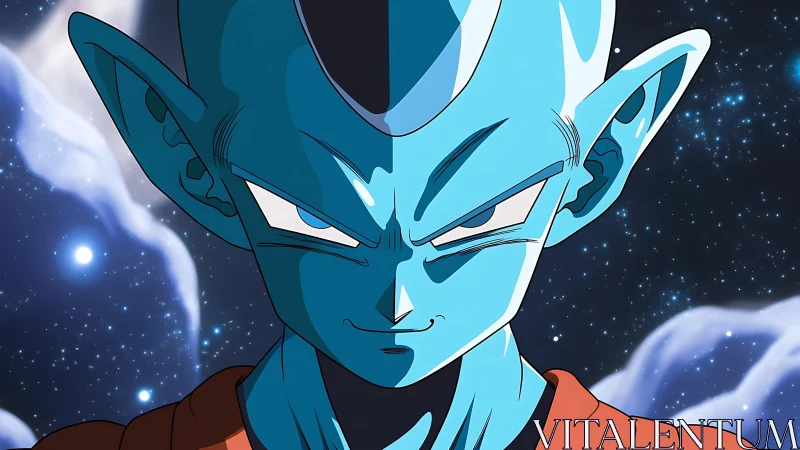 Blue-skinned space warrior stares ahead with cosmic resolve