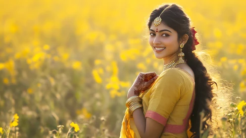 Smiling woman in traditional attire in yellow flower field, vibrant style.