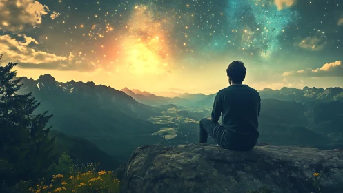 Solitary figure under glowing cosmic sky above mountains.