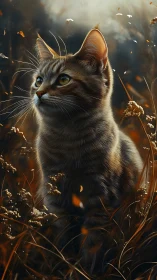 Tabby cat watches drifting petals in warm dusk field.