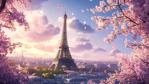 Eiffel Tower spring panorama framed by vivid cherry blossom