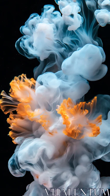 White and orange ink diffusion plumes in dark liquid medium.