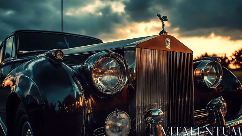 Sunset-illuminated vintage Rolls-Royce frontal detail study.