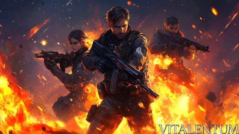 Blazing battle trio steps forward through roaring flames