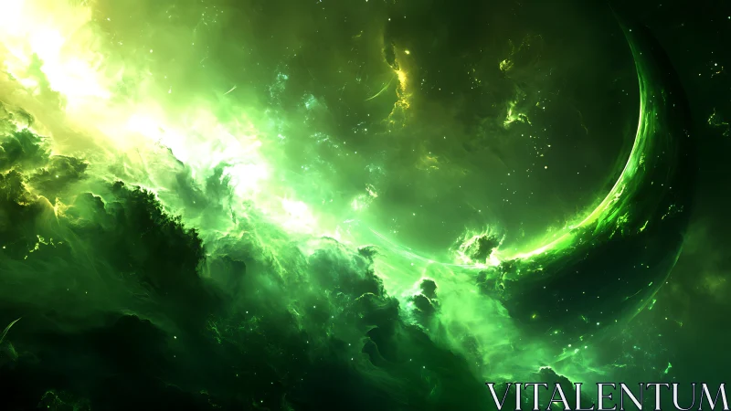 Green crescent planet within luminous cosmic nebula field.