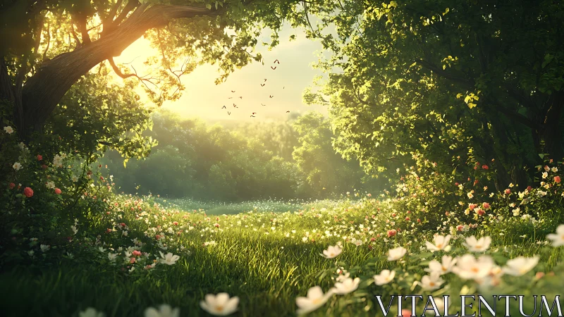Sunlit wildflower meadow beneath lush forest canopy.
