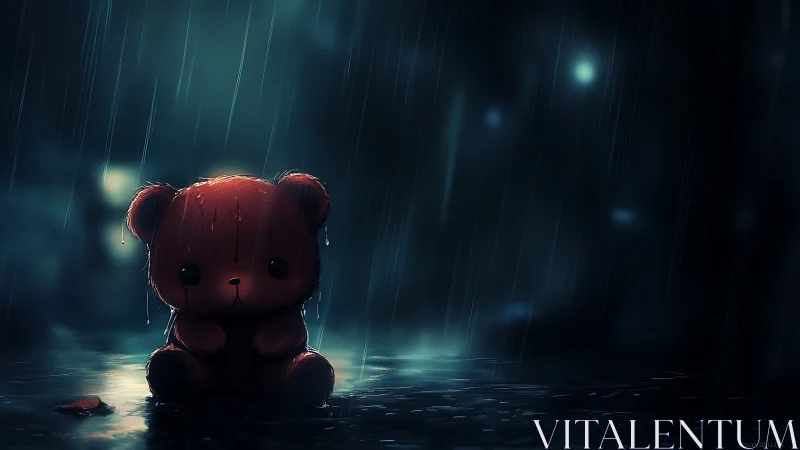 Red plush bear in nighttime rain on reflective wet ground.
