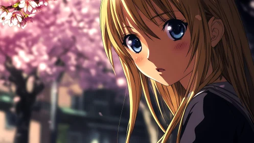 Blonde anime girl under cherry blossoms at dusk.