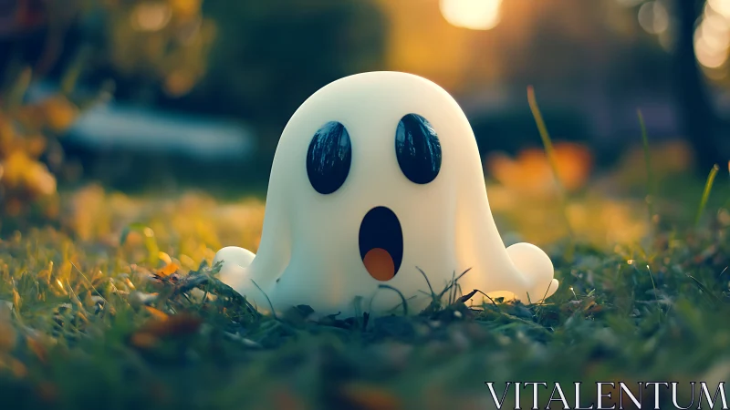 Tiny glowing ghost figure in dreamy sunset garden scene.