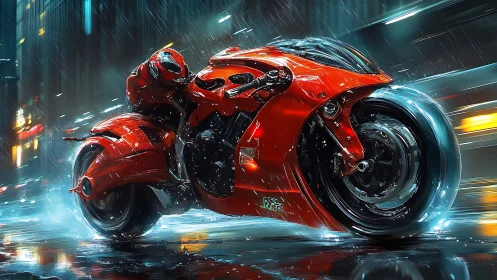 Futuristic red motorcycle traverses wet neon lit city street