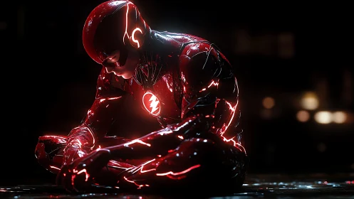 High-gloss red speedster crouched in reflective wet street