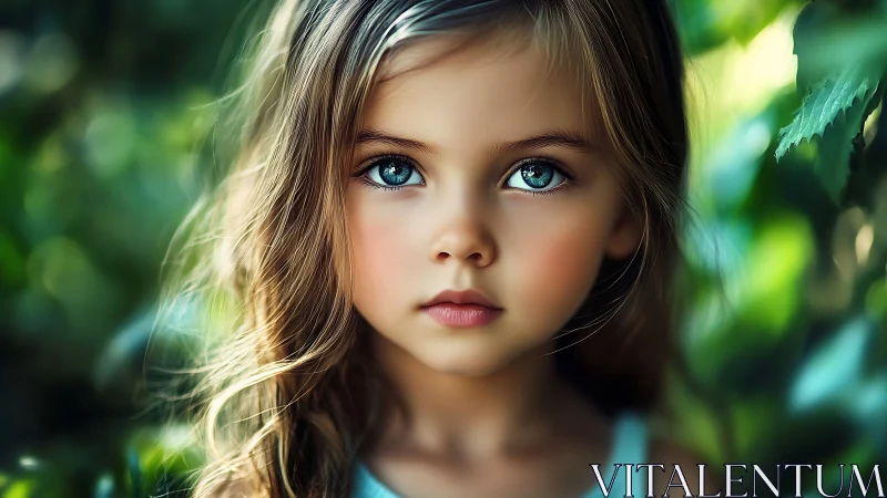 Emerald-Eyed Wonder: Child's Gaze Pierces Through Dappled Forest Light