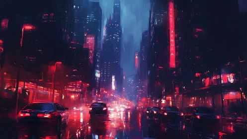 Neon city street glows under cold midnight rainstorm.