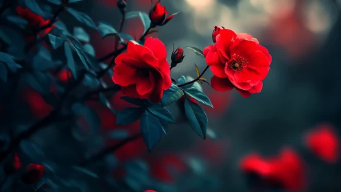 Luminous Red Roses with Teal Foliage in Muted Garden