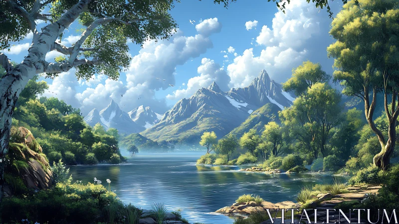 Mountain lake landscape uses layered depth, soft atmospheric haze
