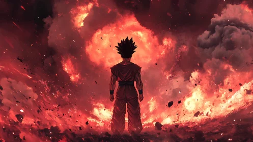 Lone warrior crowns a burning sky of erupting cosmic fire.