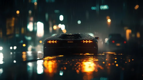 Supercar taillights glow through neon rain on city streets.