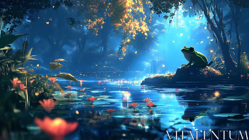 Bioluminescent forest pond with stylized frog under volumetric rays