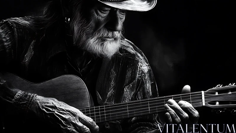 Monochrome portrait of an elderly guitarist in chiaroscuro light.