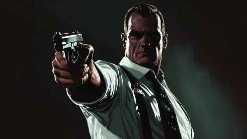 Grim enforcer levels his pistol straight through the frame