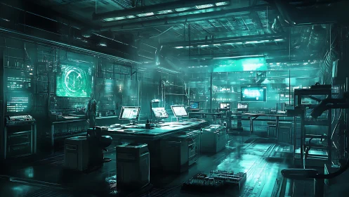 Futuristic cyberpunk laboratory with glowing holograms.