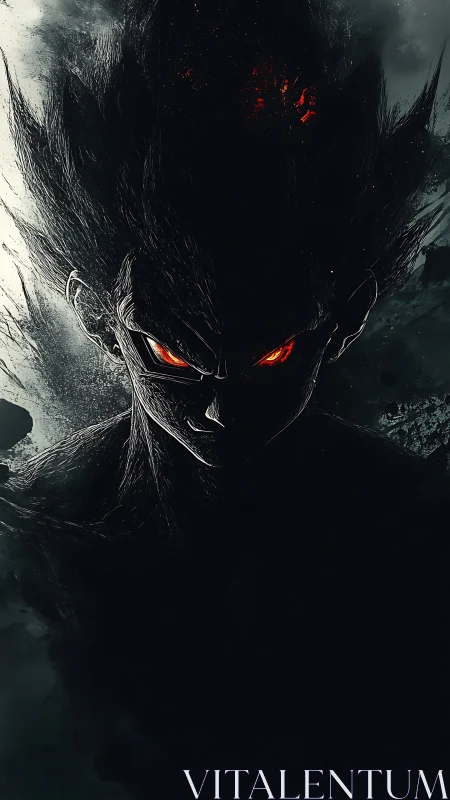 Dark energy warrior with blazing eyes in stormy shadows.