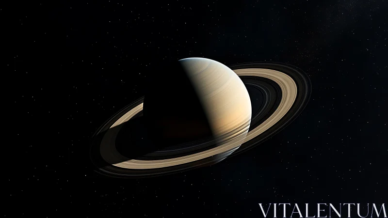 Ringed gas giant planet viewed in deep space profile.