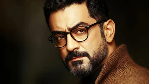 Intense bearded man in glasses gazes with quiet resolve.