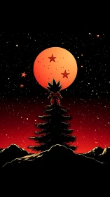 Celestial warrior silhouette beneath oversized dragon orb.