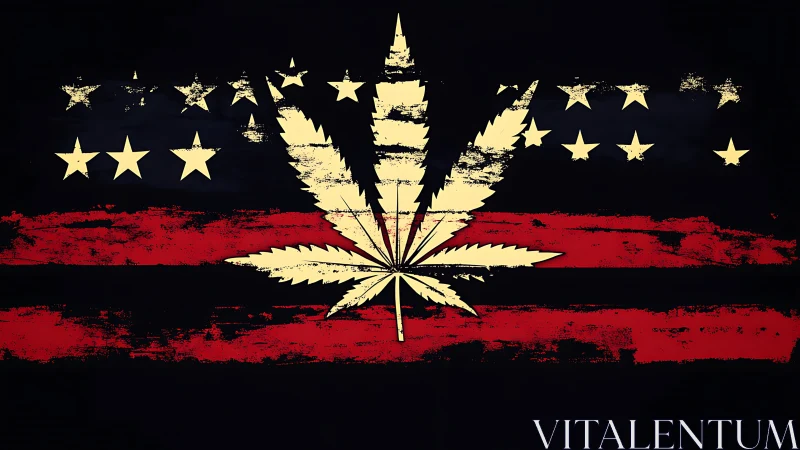 Distressed US flag graphic with central cannabis leaf emblem overlay