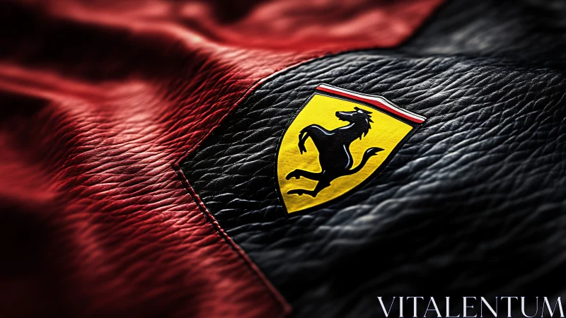 Automotive crest on textured black and red leather surface.