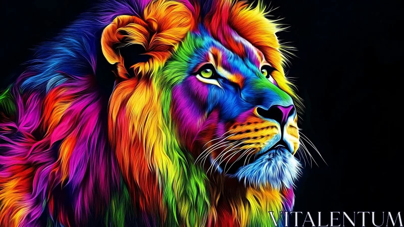 Radiant rainbow lion gazing upward in bold neon colors.