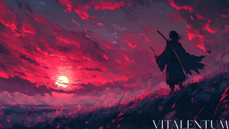 Samurai silhouette under spectrally saturated crimson sunset.