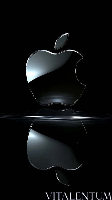 Glossy chrome apple emblem floating over liquid shadow.