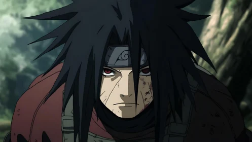 Battleworn shinobi portrait under diffuse forest lighting.