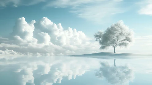 Solitary frosted tree mirrored on tranquil silver water.