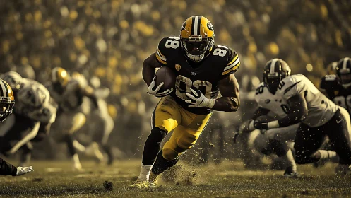 Running back accelerates through defensive gap under shallow DOF