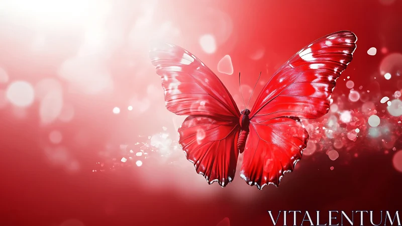 Crimson butterfly glows in a dreamy red bokeh haze