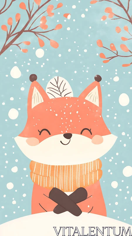 Smiling winter fox illustration with scarf and snowfall.