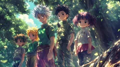 Adventurous anime friends exploring a glowing green forest.