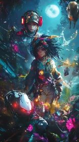 Cyber explorers move through neon jungle under full moon.