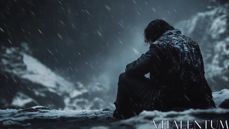 Solitary figure in blizzard on icy cliffside at dusk.